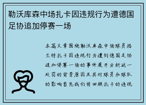 勒沃库森中场扎卡因违规行为遭德国足协追加停赛一场