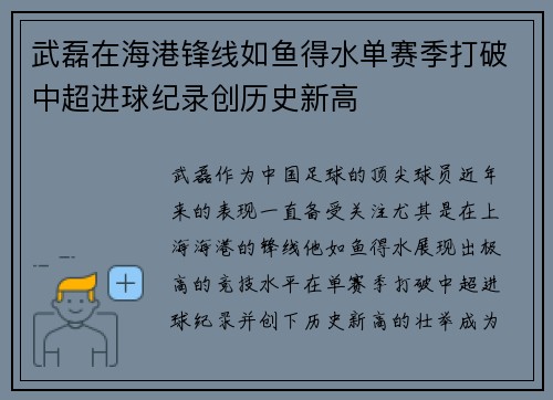 武磊在海港锋线如鱼得水单赛季打破中超进球纪录创历史新高 武磊在海港锋线如鱼得水单赛季打破中超进球纪录创历史新高
