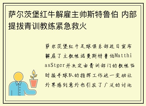 萨尔茨堡红牛解雇主帅斯特鲁伯 内部提拔青训教练紧急救火