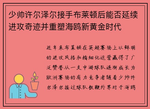 少帅许尔泽尔接手布莱顿后能否延续进攻奇迹并重塑海鸥新黄金时代 少帅许尔泽尔接手布莱顿后能否延续进攻奇迹并重塑海鸥新黄金时代